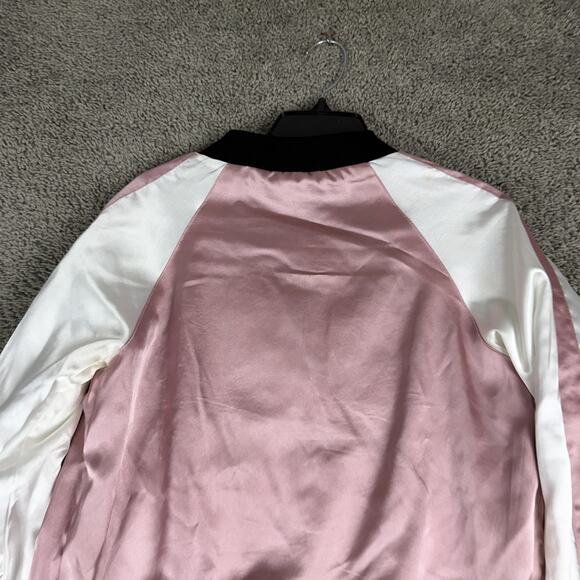 ZAFSIBLINGS Jacket Womens Small Black Pink Reversible Satin Bomber Floral - Picture 15 of 16